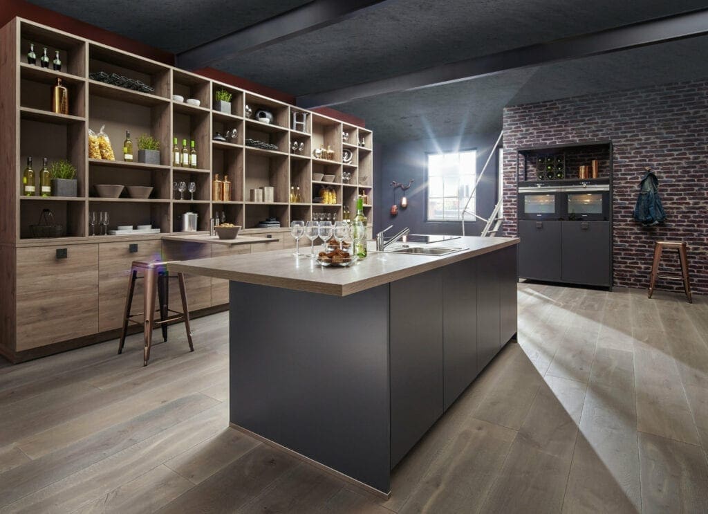 Bauformat Matt Grey Wood Open Plan Kitchen With Island | MHK Kitchen Expert