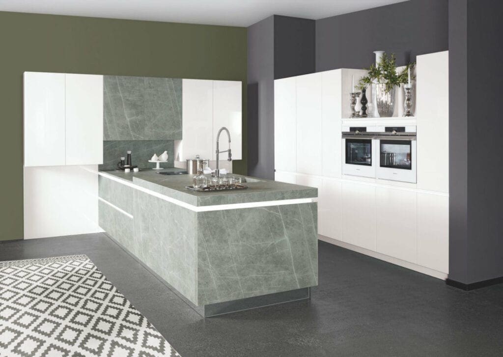 Bauformat Matt White Ceramic Handleless L Shaped Kitchen With Island | MHK Kitchen Expert