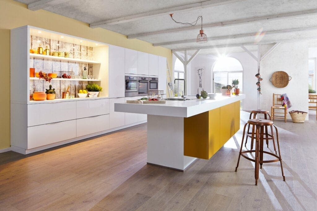 Bauformat White Gloss Mustard Open Plan Kitchen With Island 3 | MHK Kitchen Experts