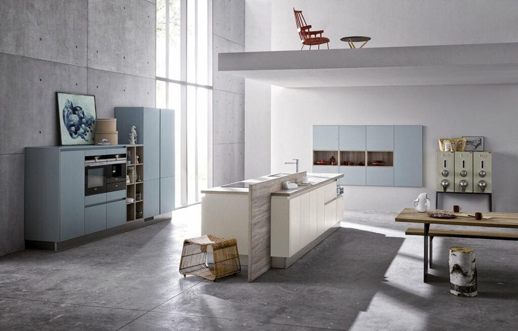 Brigitte Pastel Blue Open Plan Kitchen | MHK Kitchen Experts