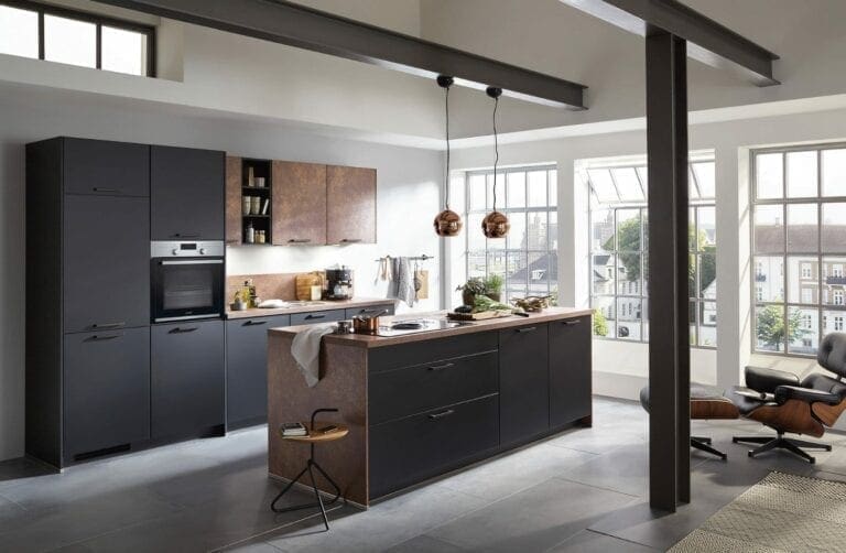 Nobilia Matt Black Bronze Open Plan Kitchen With Island 2021 2 | MHK Kitchen Expert