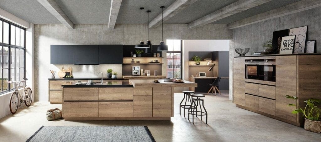 Nobilia Matt Black Wood Open Plan Handleless Kitchen With Island 2021 | MHK Kitchen Expert