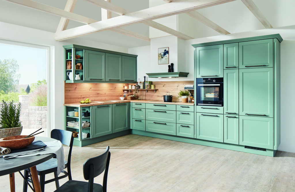 Nobilia Matt Green Wood Shaker L Shaped Open Plan Kitchen 2021 | MHK Kitchen Expert