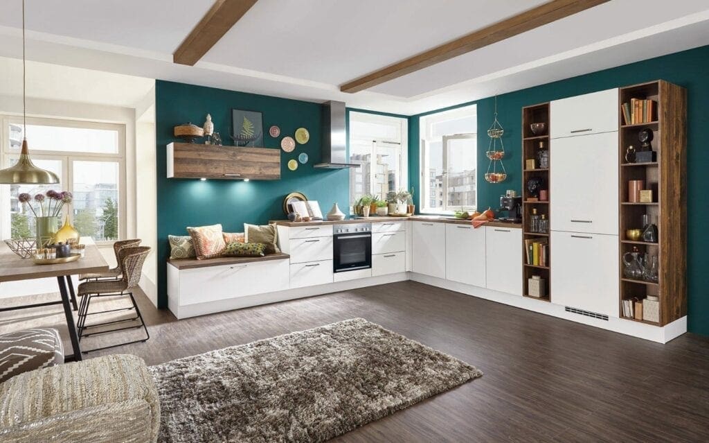 Nobilia Matt White Wood Open Plan L Shaped Kitchen 2021 1 | MHK Kitchen Expert