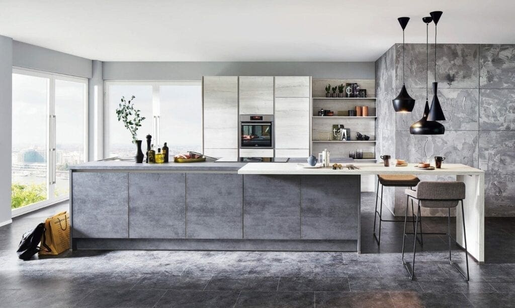 Nobilia Modern Concrete Open Plan Handeless Kitchen With Island 2021 | MHK Kitchen Expert