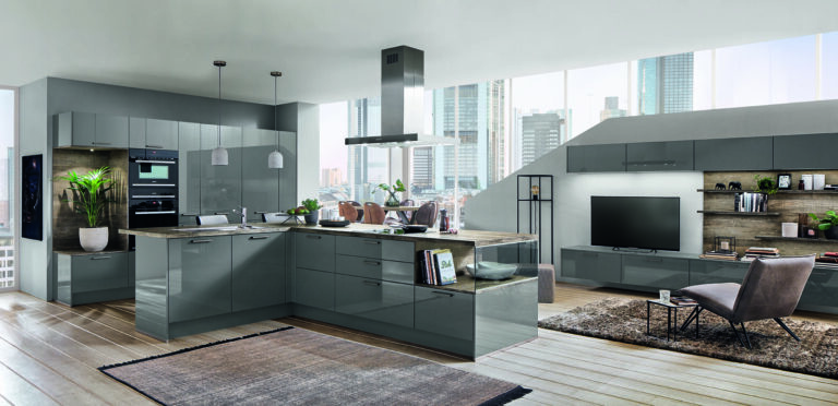Nobilia Modern Grey Gloss Open Plan Kitchen With Island 2021 1 | MHK Kitchen Expert