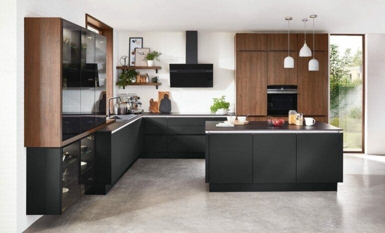 Nobilia Modern Matt Black Wood Handleless L Shaped Kitchen With Island 2021 1 | MHK Kitchen Expert