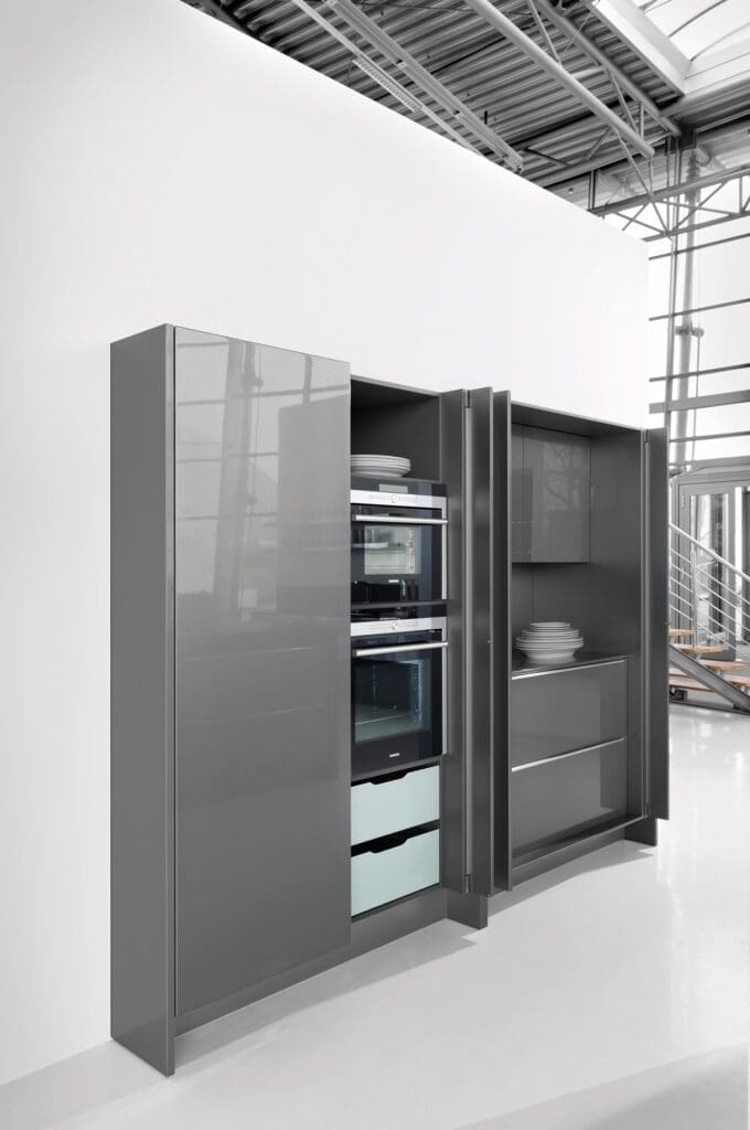 Different Kitchen Door Options Explained: Kitchen Experts - Grey Gloss Kitchen Pocket Doors | MHK Kitchen Experts