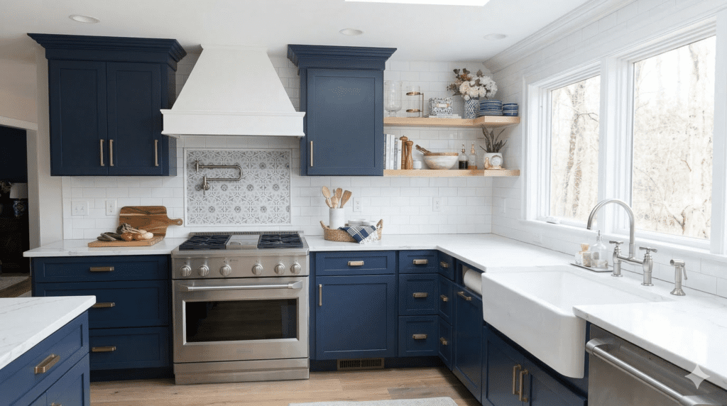 Navy Blue Kitchen With Open Corner Shelving | MHK Kitchen Experts