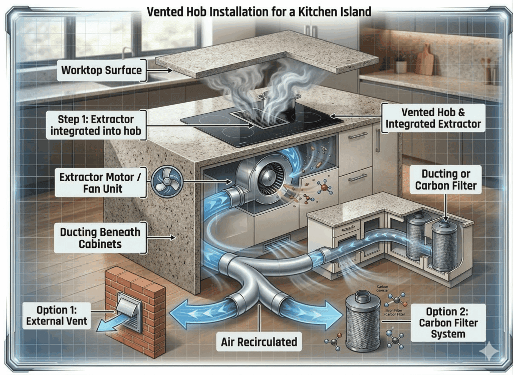 diagram showing vented hob installation for a vented hob on a kitchen island | MHK Kitchen Experts