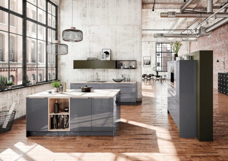 Brigitte Grey Gloss Open Plan Kitchen | MHK Kitchen Expert