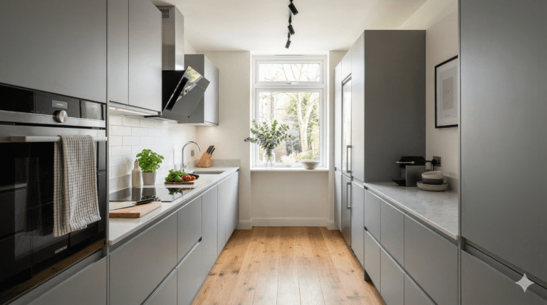 Modern Galley Kitchen Design In Grey Handleless Style 1 | MHK Kitchen Expert