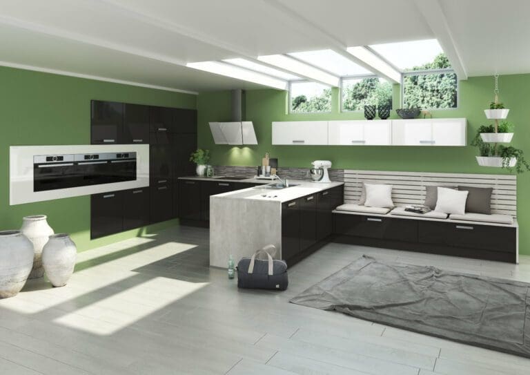 Bauformat Monochrome Gloss Kitchen With Lime Green Wall | MHK Kitchen Expert