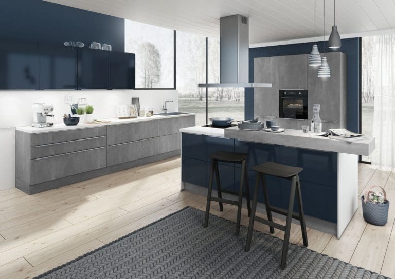 Bauformat Berger Concrete Navy Gloss Kitchen With Island | MHK Kitchen Expert
