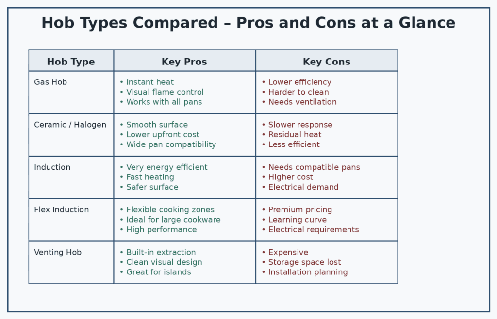 Comparison table showing the pros and cons of different hob types | MHK Kitchen Experts