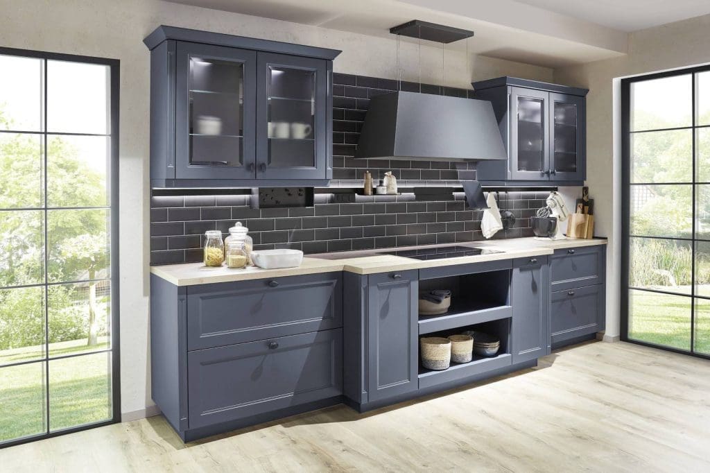Nobilia Blue Shaker Tile Splashback | MHK Kitchen Experts