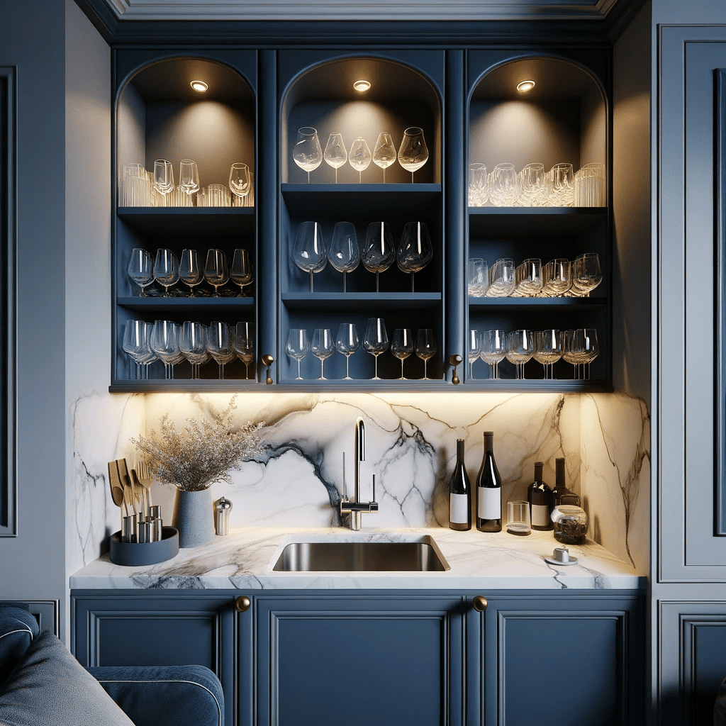 Dall·e 2024 02 01 08.52.17 A Small Kitchen Wet Bar Situated In A Cozy Alcove Featuring A Navy Colored Theme. The Wet Bar Includes A Stainless Steel Sink And Open Shelving Displ 2 | MHK Kitchen Experts