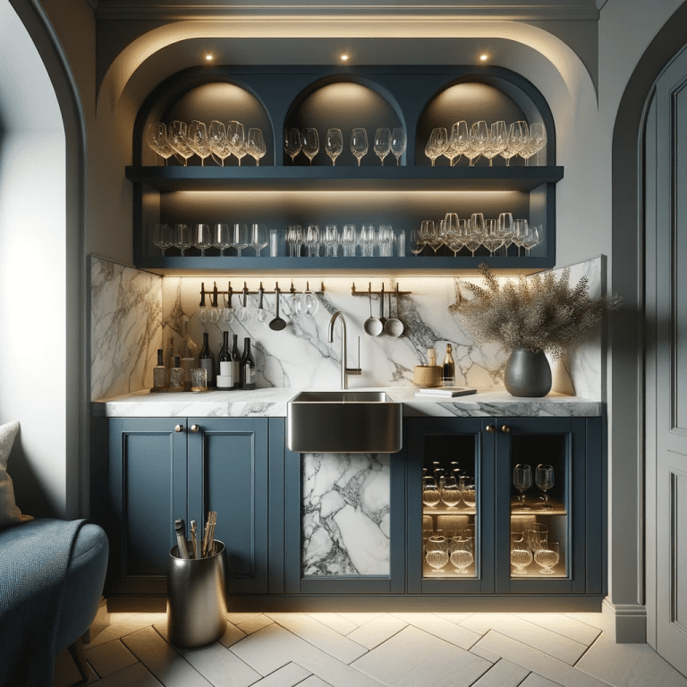 Dall·e 2024 02 01 08.52.18 A Small Kitchen Wet Bar Situated In A Cozy Alcove Featuring A Navy Colored Theme. The Wet Bar Includes A Stainless Steel Sink And Open Shelving Displ | MHK Kitchen Expert