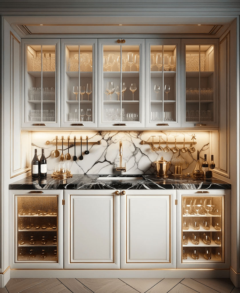 Dall·e 2024 02 01 08.53.49 A Small Kitchen Wet Bar In An Alcove Featuring White Cabinet Doors With Gold Handles. The Kitchen Includes A Combination Of Open And Closed Cabinetry 1 | MHK Kitchen Experts