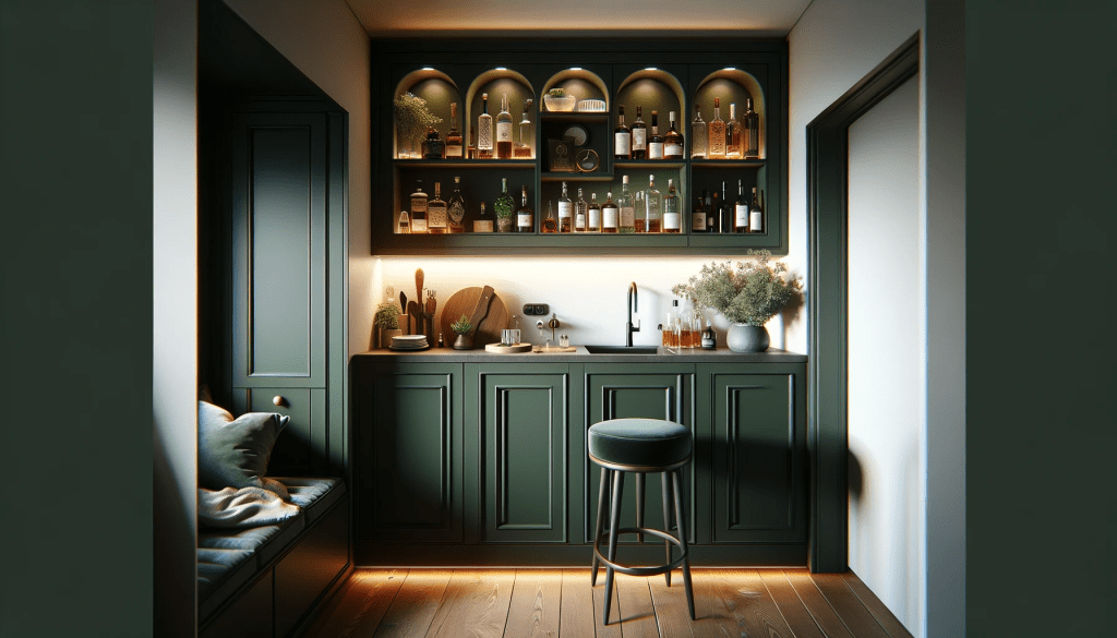 Dall·e 2024 02 01 08.58.26 A Landscape Image Of A Small Trendy Dark Green Wet Bar In A Domestic Kitchen Alcove. The Wet Bar Features A Single Stool Creating A Cozy And Intimat | MHK Kitchen Expert