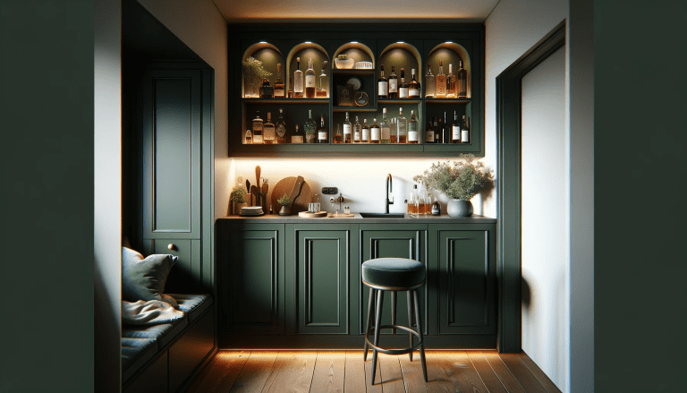 Dall·e 2024 02 01 08.58.26 A Landscape Image Of A Small Trendy Dark Green Wet Bar In A Domestic Kitchen Alcove. The Wet Bar Features A Single Stool Creating A Cozy And Intimat | MHK Kitchen Expert