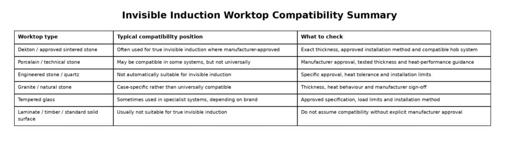 invisible induction worktop compatibility summary table showing dekton porcelain quartz granite glass and laminate positions