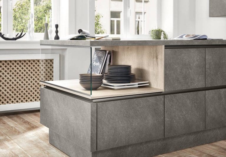 Nobilia Wood Stone Glass Kitchen Storage | MHK Kitchen Expert