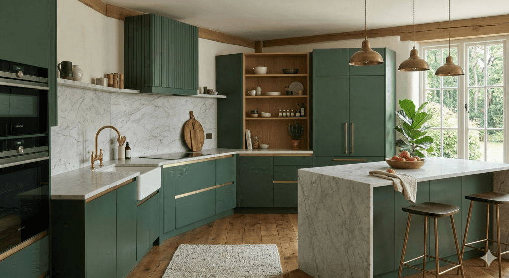 Modern Dark Green Kitchen With Gold Accents | MHK Kitchen Expert