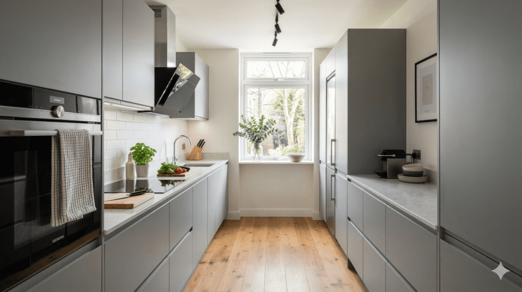 Modern Galley Kitchen Design In Grey Handleless Style | MHK Kitchen Expert